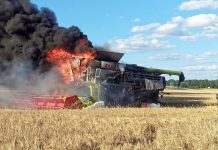 Kehra lähedal põllul põles maha Koplimäe Agro uus kombain